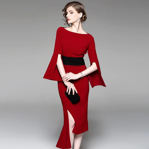 New irregular waist-tightening dresses red medium-length dress for solid slash neck flare sleevebanquet